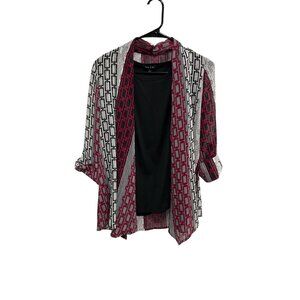 Sami & Jo Blouse Black Tank Top Attached Red White Chain Print Jacket Long Sz S